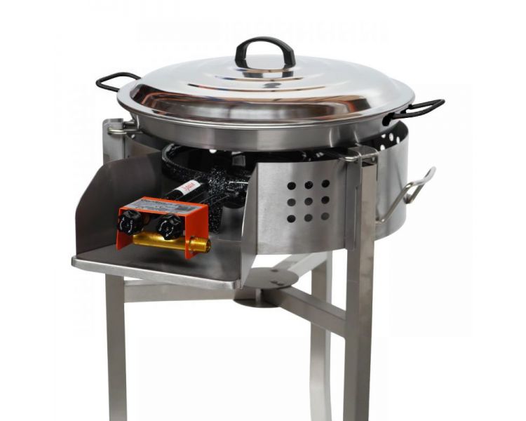 Kit paella Classique - Pare-flammes 60cm inox - 25 personnes - Plat pata negra 65cm avec couvercle inox