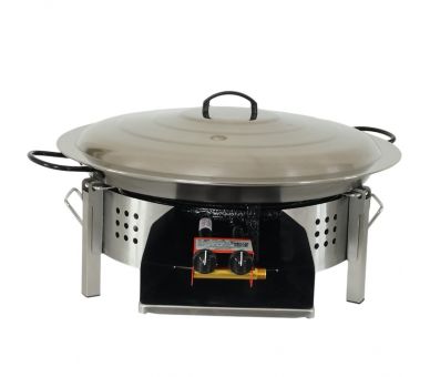 Kit paella Surpuissant - Pare-flammes plan de travail 60cm inox -v 25 personnes - Plat pata negra 65cm avec couvercle inox