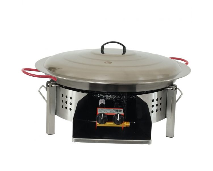 Kit paella Classique - Pare-flammes plan de travail 60cm inox - 25 personnes - Plat acier 65cm avec couvercle inox