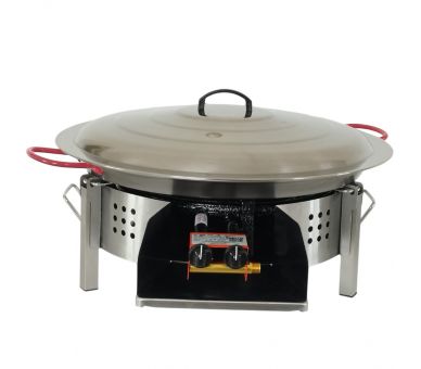 Kit paella Surpuissant - Pare-flammes plan de travail 60cm inox - 25 personnes - Plat acier 65cm avec couvercle inox