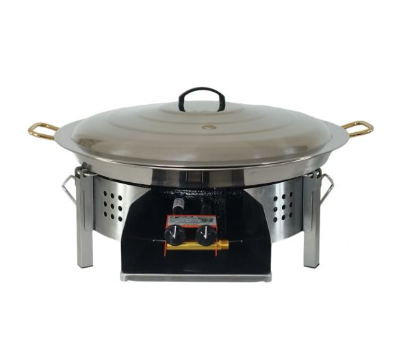 Kit paella Classique - Pare-flammes plan de travail 60cm inox - 30 personnes - Plat inox 70cm avec couvercle inox