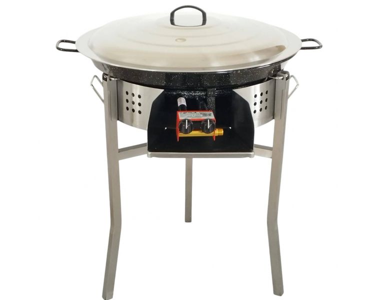 !!!Kit à paella Surpuissant - Pare-flammes 60cm inox - 40 personnes - Plat émaillé avec couvercle inox