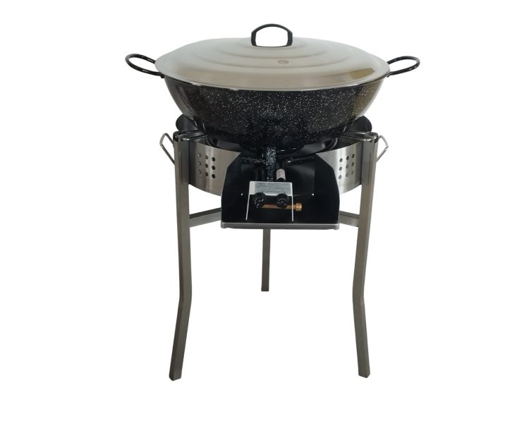 Kit Poêle creuse - pare flammes  45cm  inox - 70 personnes - Plat creux émaillé 65cm - Couvercle