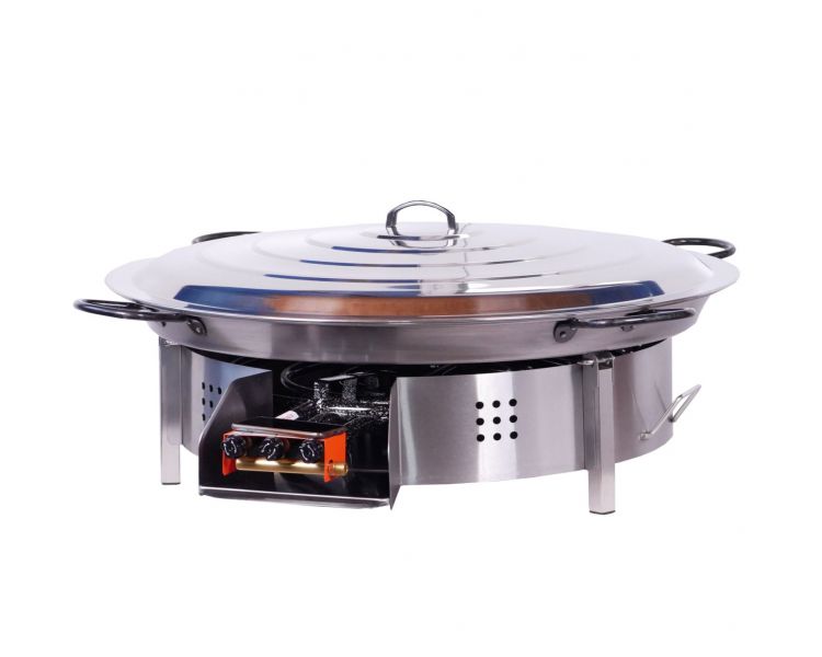 Kit paella Surpuissant 40 personnes - Pare-flammes plan de travail 70cm inox - Plat acier avec couvercle inox