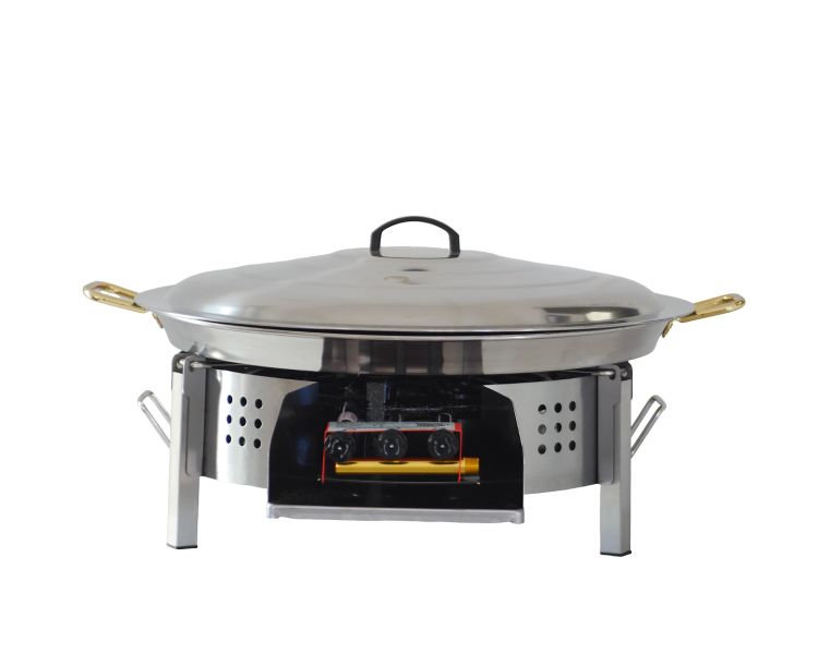 Kit paella Classique - 40 personnes - Pare-flammes plan de travail 70cm inox - Plat Inox et couvercle inox