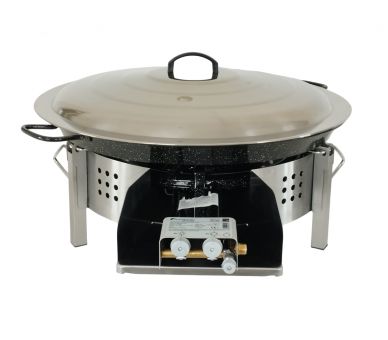 Kit paella Classique - Pare-flammes plan de travail 60cm inox - 25 personnes - Plat émaillé 65cm avec couvercle inox