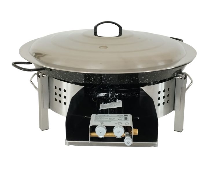 Kit paella Surpuissant - Pare-flammes plan de travail 60cm inox - 30 personnes - Plat émaillé 70cm avec couvercle inox