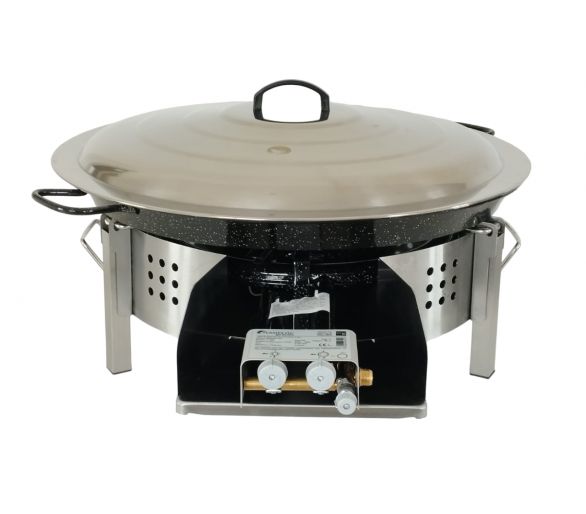 Kit paella Classique - Pare-flammes plan de travail 60cm inox - 30 personnes - Plat émaillé 70cm avec couvercle inox