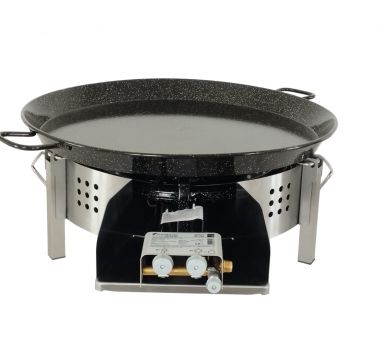 Kit paella thermocouple - Pare-flammes plan de travail 60cm inox - 30 personnes - Plat émaillé 70cm avec couvercle inox