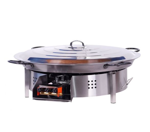 Kit paella Classique 40 personnes - Pare-flammes plan de travail 70cm inox - Plat pata negra avec couvercle inox